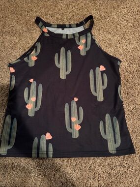 Women’s Black Cactus Print Halter Tank Top